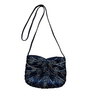 Black Beaded Art Deco Fan Evening Bag Crossbody Gold Silver Bronze